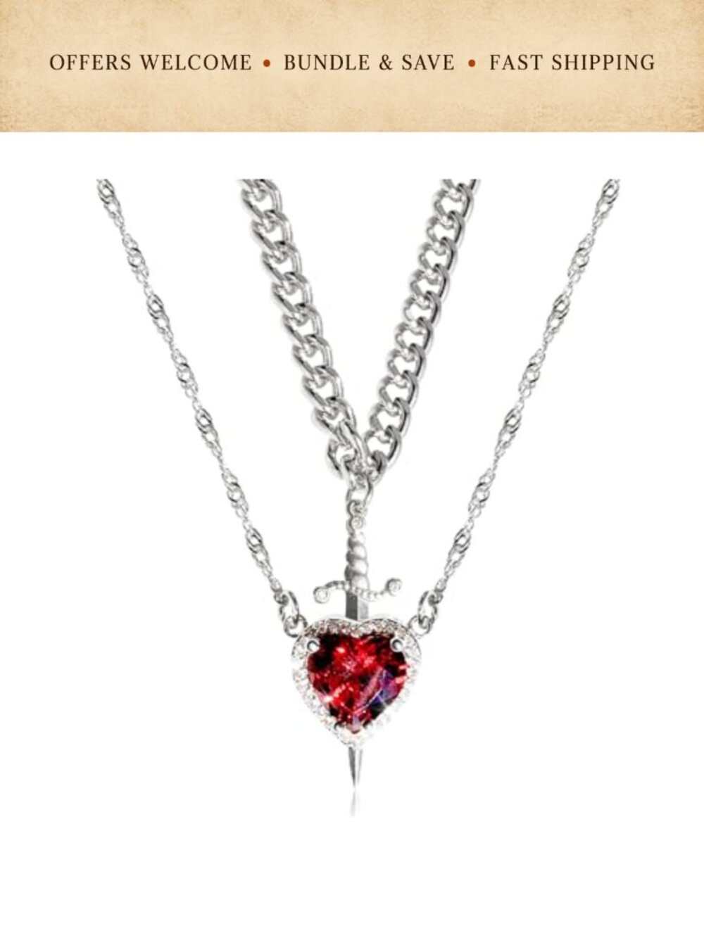Men's Silver Alloy Double Heart Sword Pendant Necklace Set 2pc Zirconia Vintage